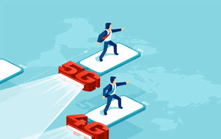 Isometric vector of a 5G network system and internet competing with 4G. Modern fast speed wireless technology conceptのイラスト素材
