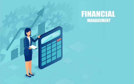 Vector of a business woman with calculator. Financial calculations and management concept のイラスト素材