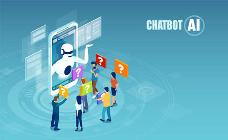 Artificial intelligence and chat bot technology concept. Vector of men and women chatting with chatbot application.のイラスト素材