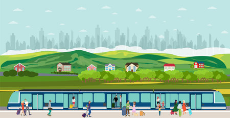 Vector of people boarding the train at the railway station in the suburb of the city megalopolis のイラスト素材