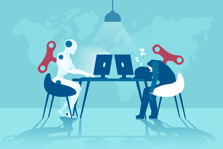 Vector of a working robot vs sleepy businessman working on computer. Artificial intelligence...
