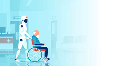 Vector of a robot assisting disabled senior man in a wheelchair in the hospital のイラスト素材