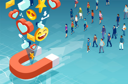 Social media marketing and target audience concept. Isometric vector of customers men and women...
