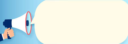 Vector of a businessman hand holding a megaphone with white bubble for social media announcementのイラスト素材