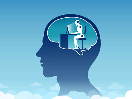 Artificial intelligence concept. Vector of a human head outline with a robot working on computer inside.のイラスト素材