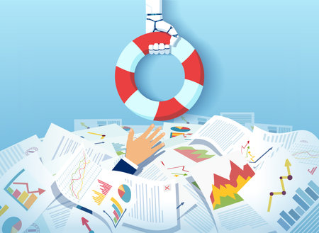Vector of a robot hand with a lifebuoy stretching a lifeline helping drowning in a pile of papers...