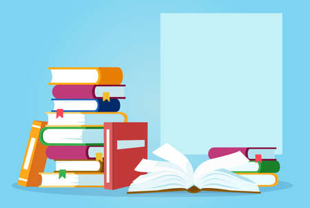 Vector of an open book and pile of books on blue background のイラスト素材