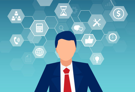 Vector of a businessman communicating in a computer network, multitasking surrounded by interface...