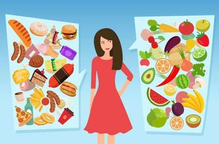 Vector of a young woman choosing between healthy and unhealthy food のイラスト素材