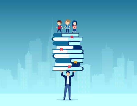 Vector of a teacher holding a pile of books with happy children standing on topのイラスト素材