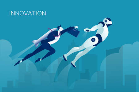 Vector of a businessman and robot team working flying upのイラスト素材