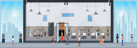Vector of a company or bank office with clients and employees working insideのイラスト素材