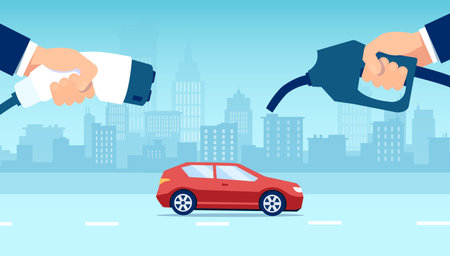 Vector concept electric vs gasoline car choice on a city building skyline background.のイラスト素材