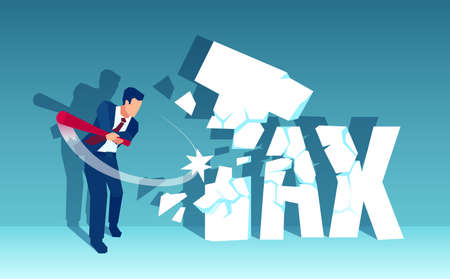 Tax cut concept. Vector of an angry businessman smashing tax word with a batのイラスト素材