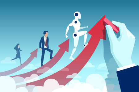 Vector of a businessman hand drawing a red arrows with business people and robot climbing upのイラスト素材