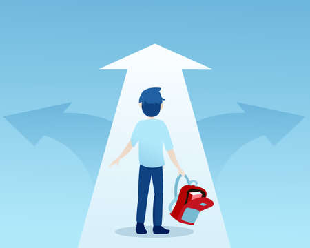 Vector of a young student at crossroads deciding which path to take in education  のイラスト素材