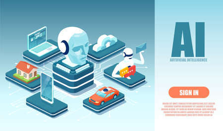 Vector of a robot artificial intelligence controlling modern technology laptop, car, smartphone, homeのイラスト素材