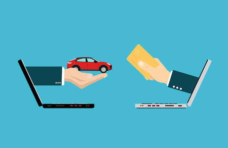 Vector of two hands coming out from laptops exchanging money for a carのイラスト素材