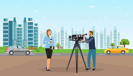 Vector of a journalist woman and camera man making a reportage on a cityskape background のイラスト素材
