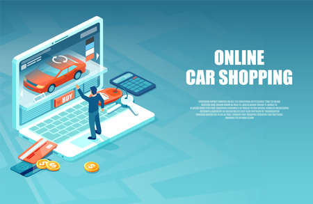 Vector of a man buying a car in the internet using auto configurator online のイラスト素材
