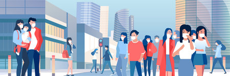 Vector of a crowd of people wearing protective respiratory masks walking on a street with cityscape...