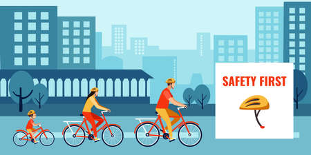 Vector of a family riding bikes, cycling in the city street wearing a safety helmetsのイラスト素材