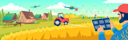 Vector of a farmer managing his farm with an app on his tablet. Smart farming and future technologies conceptのイラスト素材