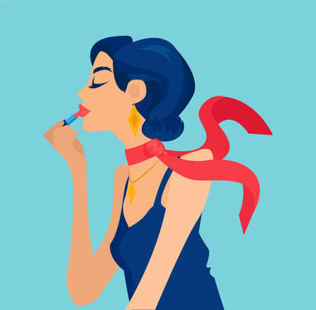 Vector of a beautiful young woman applying red lipstick のイラスト素材