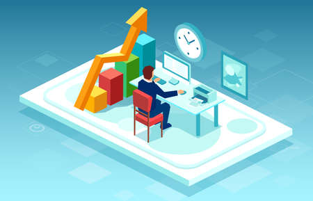 Vector of a businessman or stock market trader working on computer at his office deskのイラスト素材