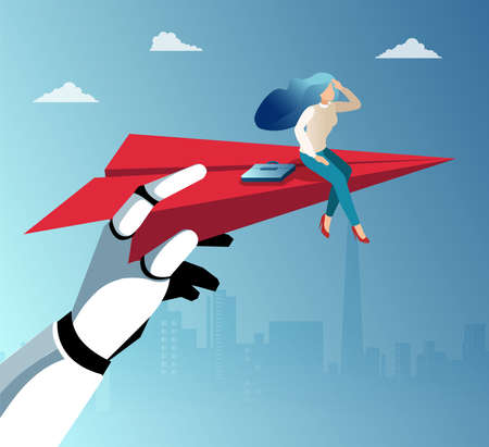 Vector of a robot hand holding paper plane with a female student helping her to take off and excel in careerのイラスト素材