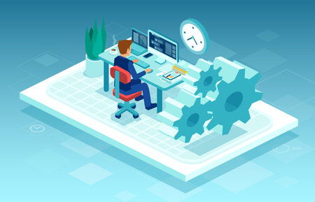 Vector of a man working on pc at his work desk, freelancing from home 