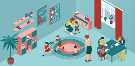 Vector of a day care center, kindergarten with teachers and children playing and paintingのイラスト素材