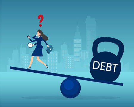 Vector of a busy businesswoman balancing with heavy debt financial burden のイラスト素材