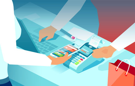 Vector of a consumer keeping smartphone over cashier machine to pay for purchase in a supermarket