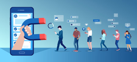 Vector of a group of people using mobile gadgets communicating being attracted by social media app...