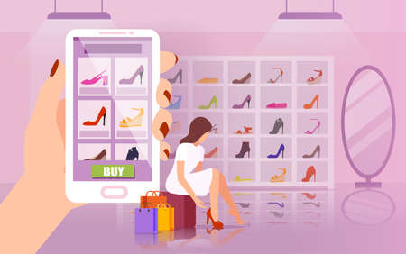 Vector of woman using smartphone app to shop online for designer shoes のイラスト素材