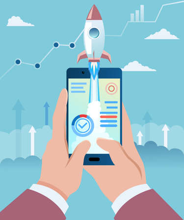 Vector of a man launching a smartphone mobile application のイラスト素材
