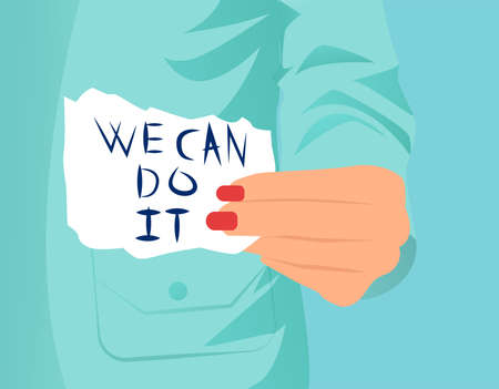 A woman showing a piece of paper with the text we can do it written on itのイラスト素材