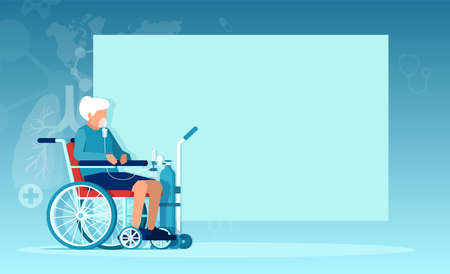 Vector of a senior woman with chronic obstructive pulmonary disease sitting in a wheelchair receiving oxygen therapy のイラスト素材