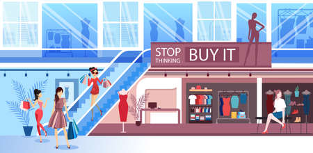 Vector of young women shopping in a mall buying clothes and shoes のイラスト素材