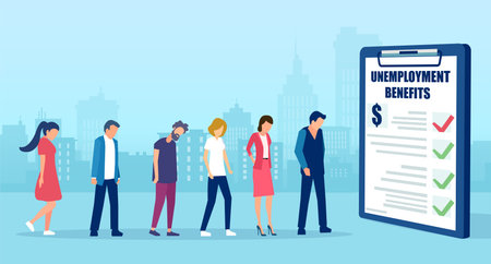 Vector of sad jobless men and women staying in line for insurance unemployment benefits.