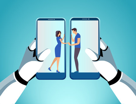 Online dating app concept. Vector of a robot hands holding two smartphones connecting young couple...