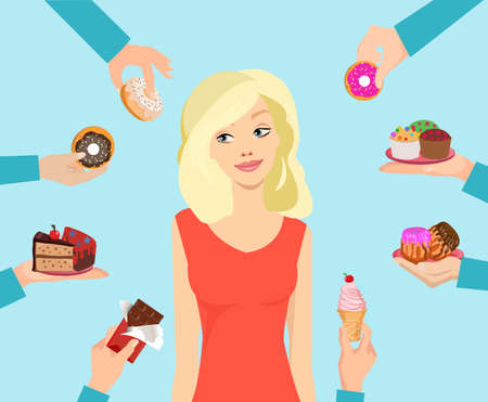 Vector of a young woman trying to resist not to eat  junk sweet food offered by many people のイラスト素材