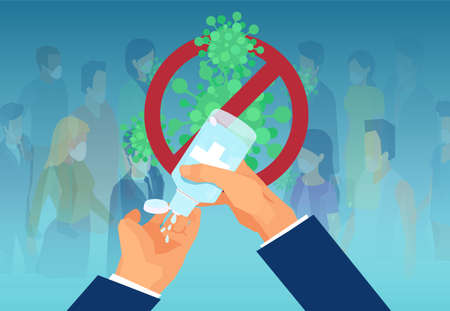 Vector of a man applying hand sanitizer on a background of a large crowd of people in face masksのイラスト素材