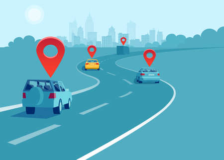 Vector of cars and trucks driving on a highway with geo location signs. Concept of navigation and direction. のイラスト素材