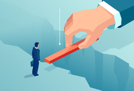 Vector of a small businessman supported by unknown investor bridging the gap in his career path