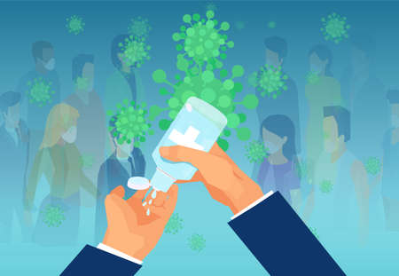 Vector of a man applying hand sanitizer on a background of a crowd of people wearing face masksのイラスト素材