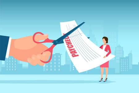 Economy crisis concept. Vector of a boss cutting staff employee pay, salary, reducing running costs of a companyのイラスト素材