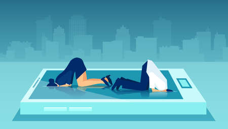 Vector of a business man and woman hiding their heads in smartphone escaping from problems like ostrich のイラスト素材