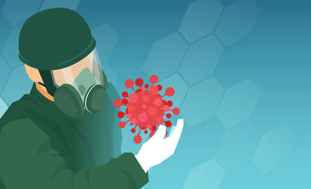Vector of a doctor wearing protective personal equipment looking at the coronavirus modelのイラスト素材